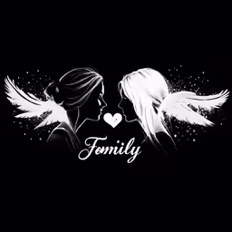 two women facing each other with wings and the words family