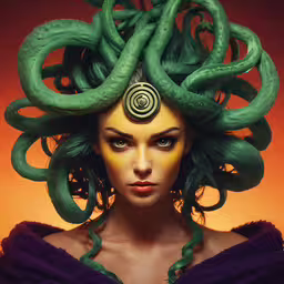 woman with large green hair with a spiral hair pattern on her face,a woman is dressed up with green serpents over her head
