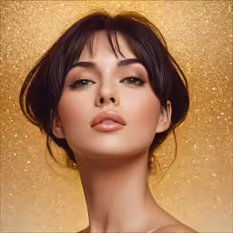 the woman is posing for a photo wearing gold and red makeup