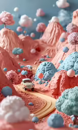 a scenic desert landscape, featuring an earth based environment with mountains, roads and flowers