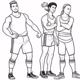 three young men standing and posing for a coloring page,basketball players, men, and woman,the three men in different sport uniforms,three men in uniforms standing side by side,a drawing of three men in basketball uniforms