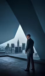 a businessman in a suit is looking out over the city