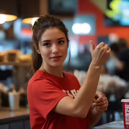 a young girl making an obscene gesture over a table