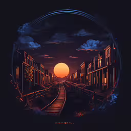 the sun setting behind train tracks in an industrial area,looking up at a railroad going into a setting sun