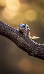 a small frog perched on a branch with light boket in the background