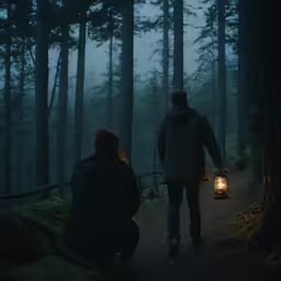 a man and woman standing in the woods while holding lanterns