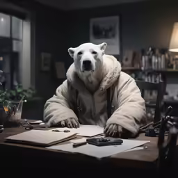 the polar bear is sitting at a desk
