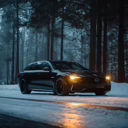 a black bmw car on snowy road in a forest