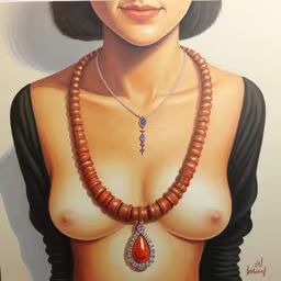 a woman with an unusual necklace on top of her breast,a painting of a women with jewelry,a painting of a women with an extravagant necklace,a painting shows a women breasts wearing a necklace,the painting has a large breast and big breast breasts