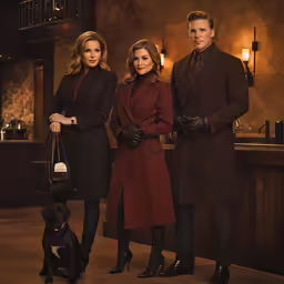 two men and a woman in business suits standing side by side with their dog