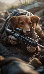 a dog sits behind the gun and shoots