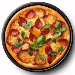 a small pizza is decorated with cheese, pepperoni and basil leaves