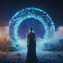 the back of a woman in a long black dress standing in front of a circle