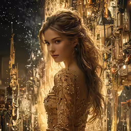 woman wearing a golden gown in front of a night city scene
