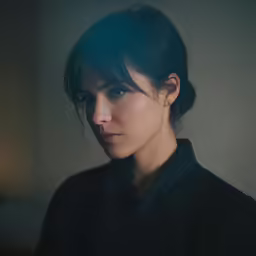 a woman wearing a black shirt with dark hair is staring into the camera