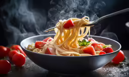 someone stirring pasta in a bowl with strawberries and peppers