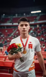 young man in sport uniform holding flowers and gold medal