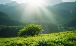 the bright sun shines through trees and mountains
