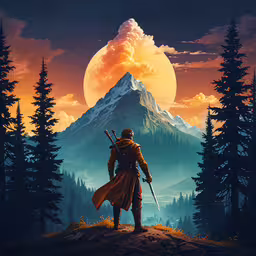 an artwork piece featuring a man holding two swords as he stands in front of a majestic mountain,a man walking on top of a mountain while holding a sword