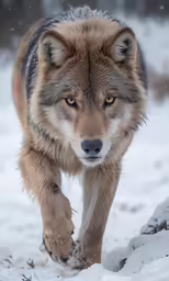 the wolf is walking through the snow covered ground