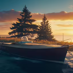 a boat is docked on the water at sunset