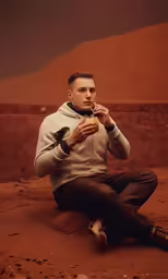 a man is sitting down and eating a donut