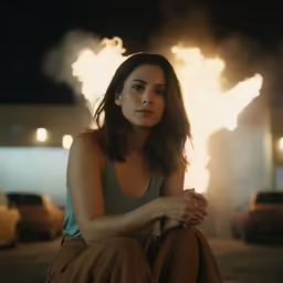 a woman sitting in a room on the ground with flames in the background