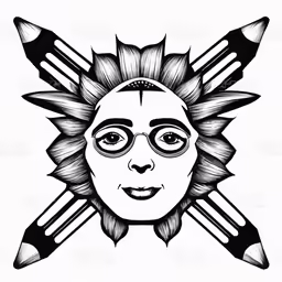 a sun with face and crossed pencils