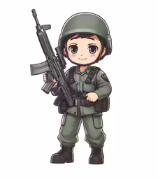 an illustration of a young boy with a machine gun