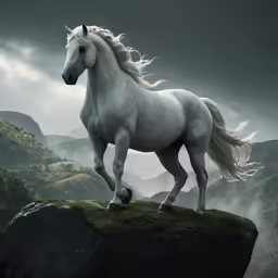 a horse with long manes standing on top of a cliff