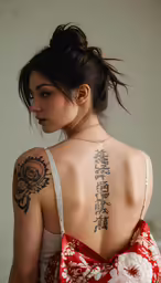 the girl has an elaborate bow around her neck