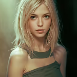 beautiful blonde woman with bangs posing for photo