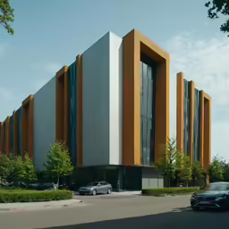 a long multi - story building with an orange, white, and black stripe on the front