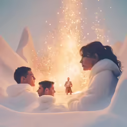 two men and a woman are sitting in the snow watching fireworks