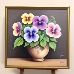 a painting that is on display next to a shelf,a painting of pansies in a small pot