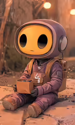 a robot sits down on the ground with a bag in his hand