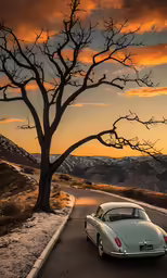 a silver car is parked on the side of the road near a tree