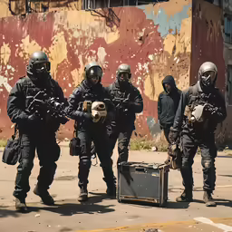 group of men in military gear standing on street