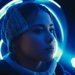 a woman that is standing in front of a circular light