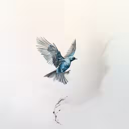 an ink drawing of a blue bird on the corner of a wall,a bird that is flying in the air