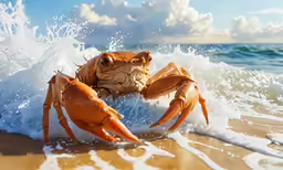 crab on the beach under a big wave