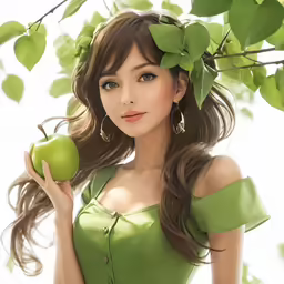 a girl in a green dress holding an apple