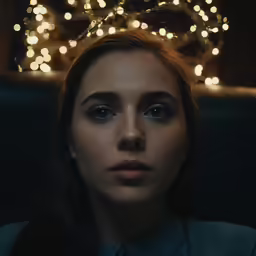 a woman wearing a crown stands in front of christmas lights