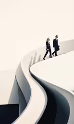 two people in suits are walking on an abstractly designed surface