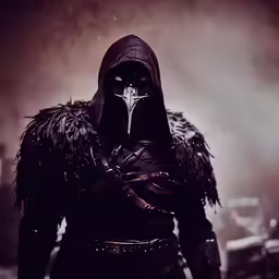 a plague is in his dark robes on the street
