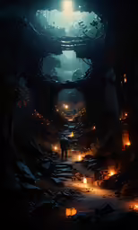 man standing in a dark forest with a path full of lit candles and torches