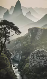 mountains surrounding water and trees in the foreground
