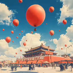 a big building with many red balloons floating in the air