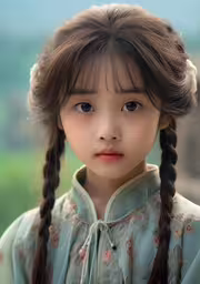 a beautiful little asian doll wearing a long braid,a very pretty little girl with a braid
