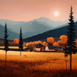 the painting is very detailed with all the colors,a large painting of some buildings in a field